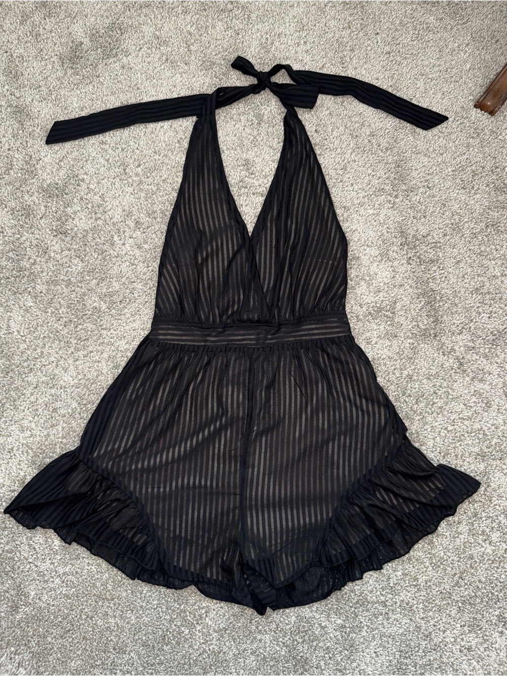 TigerMist Plunge Halter Sheer Striped Ruffle Romper in Black w Nude Lining-Small